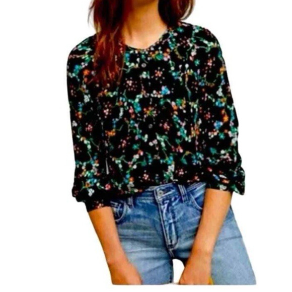 Anthrpologie Maeve Black Floral Blouse Sz 8 Button Down - Picture 1 of 13